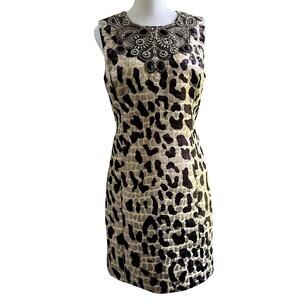 ST. JOHN COUTURE Stunning Luxury Sz 4 Animal Print Beaded Sheath Dress Knee